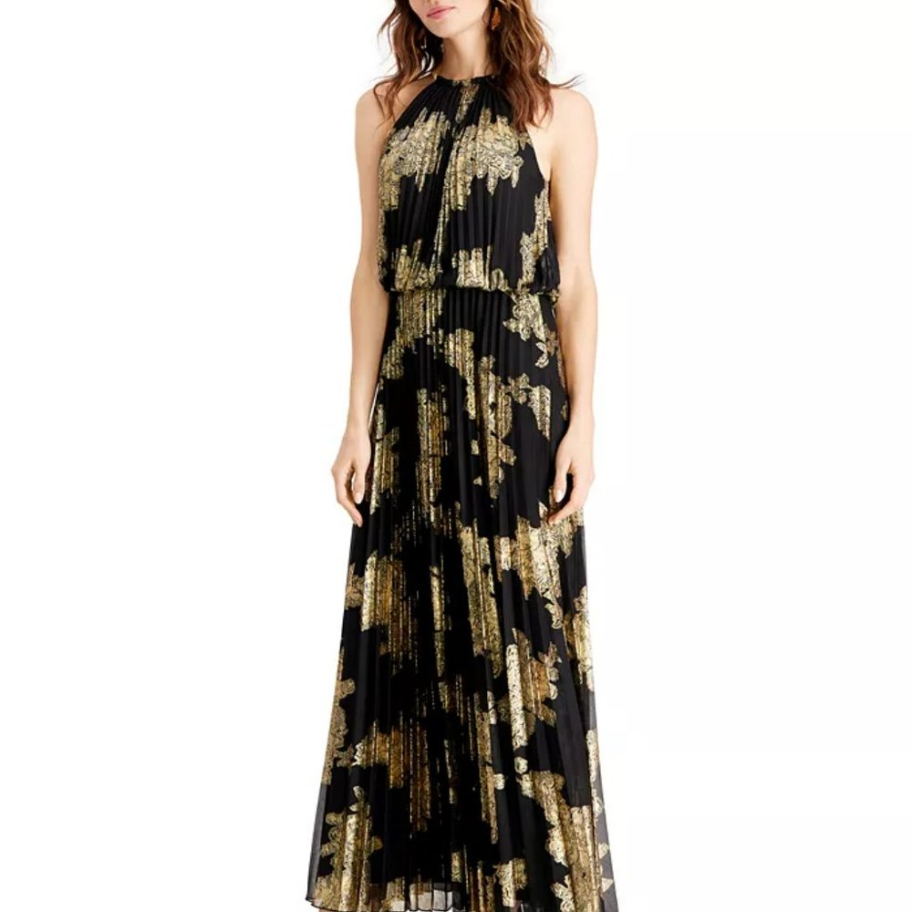 Black and Gold MDK Metallic-Print Pleated Blouson Gown